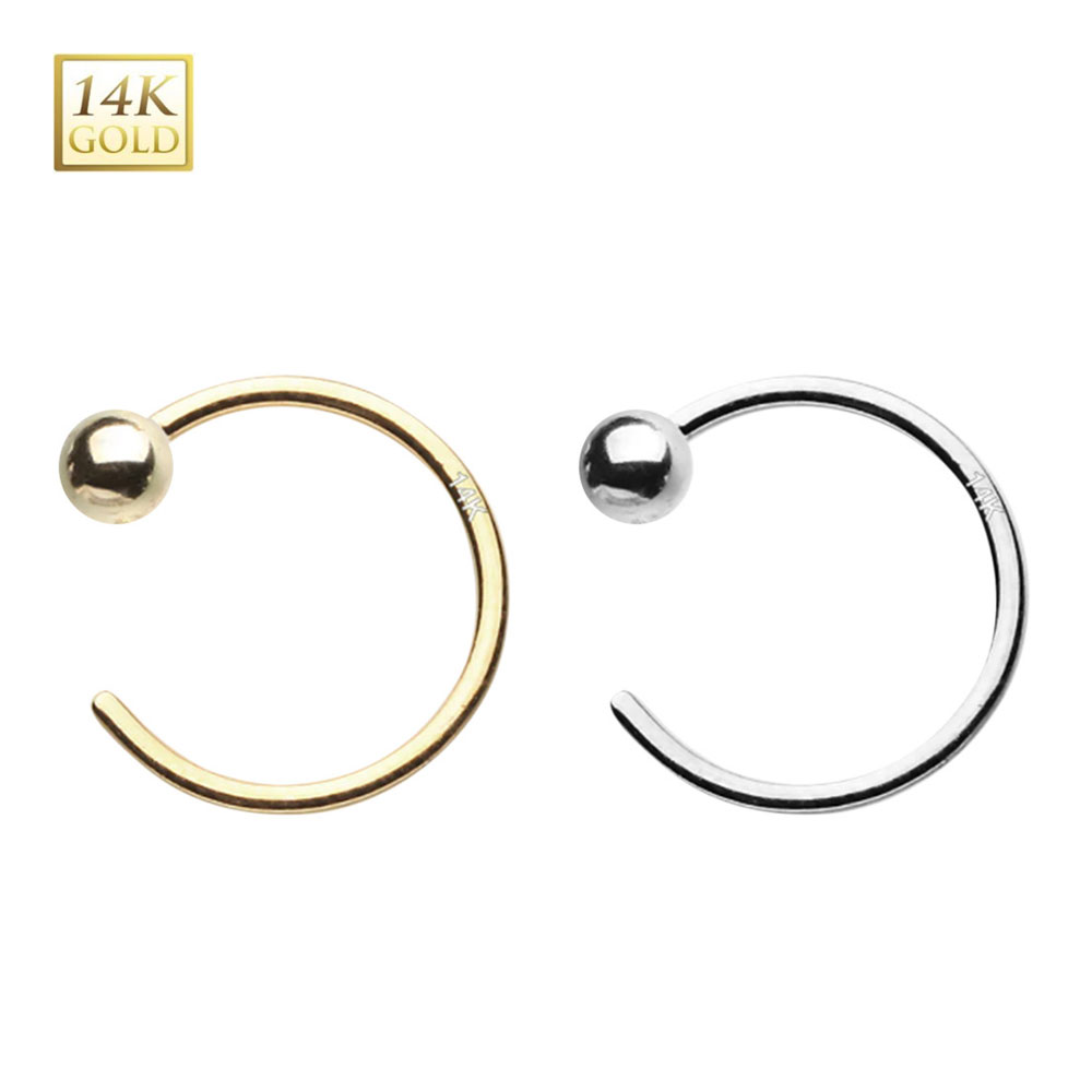 14K Solid Gold Ball End C Shaped Nose Hoop 20 Gauge 8mm - 2 Colors