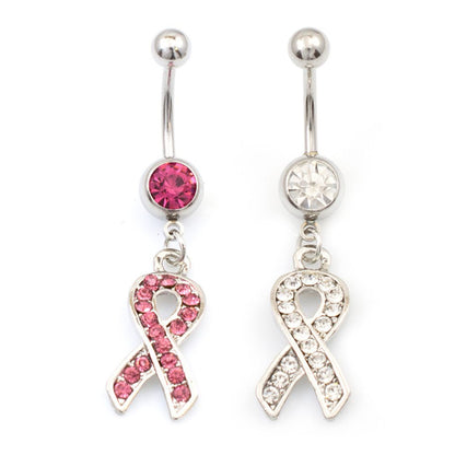 Surgical Steel 14 Gauge Belly Ring with Cancer Awareness CZ Ribbon