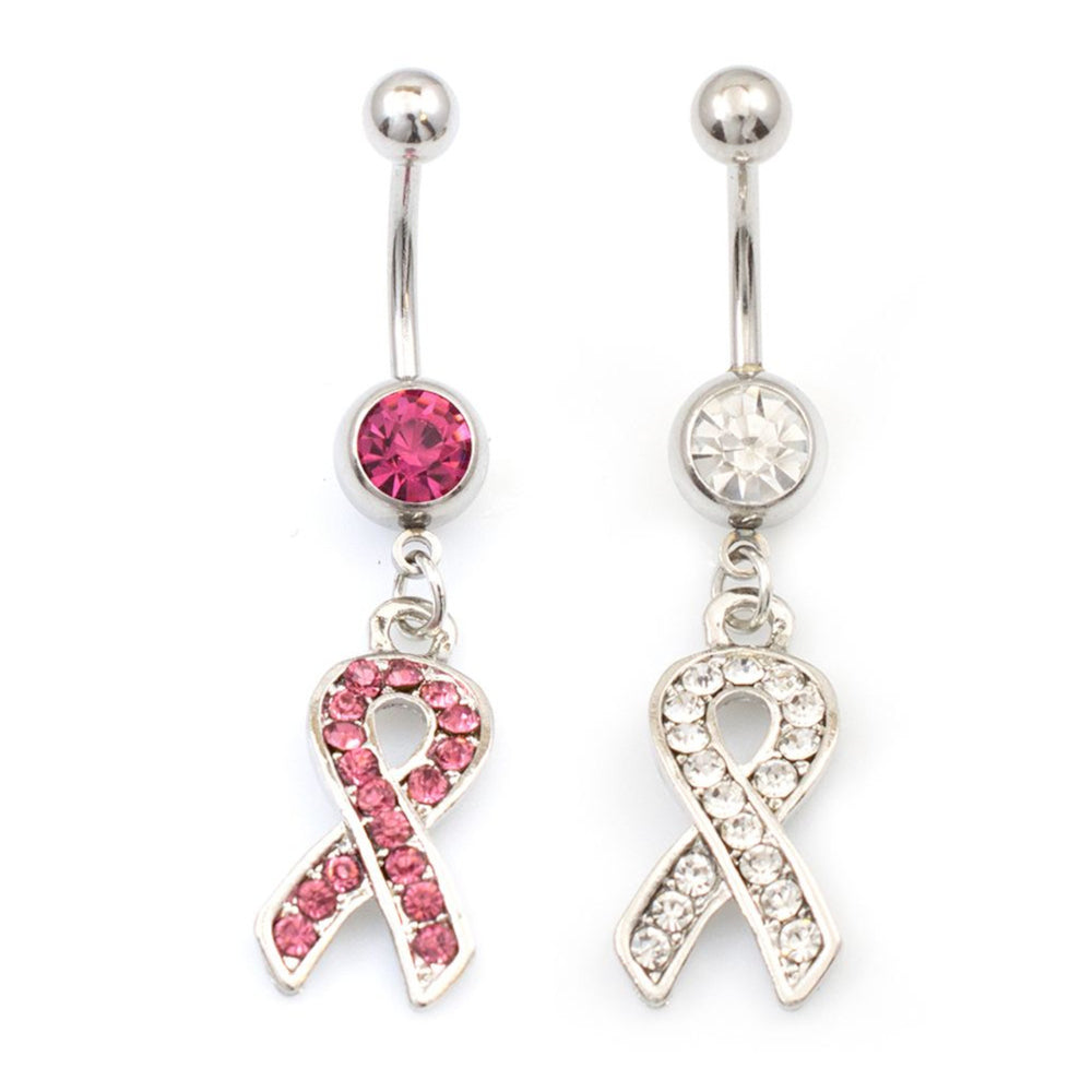 Surgical Steel 14 Gauge Belly Ring Cancer Awareness CZ Ribbon - Pair