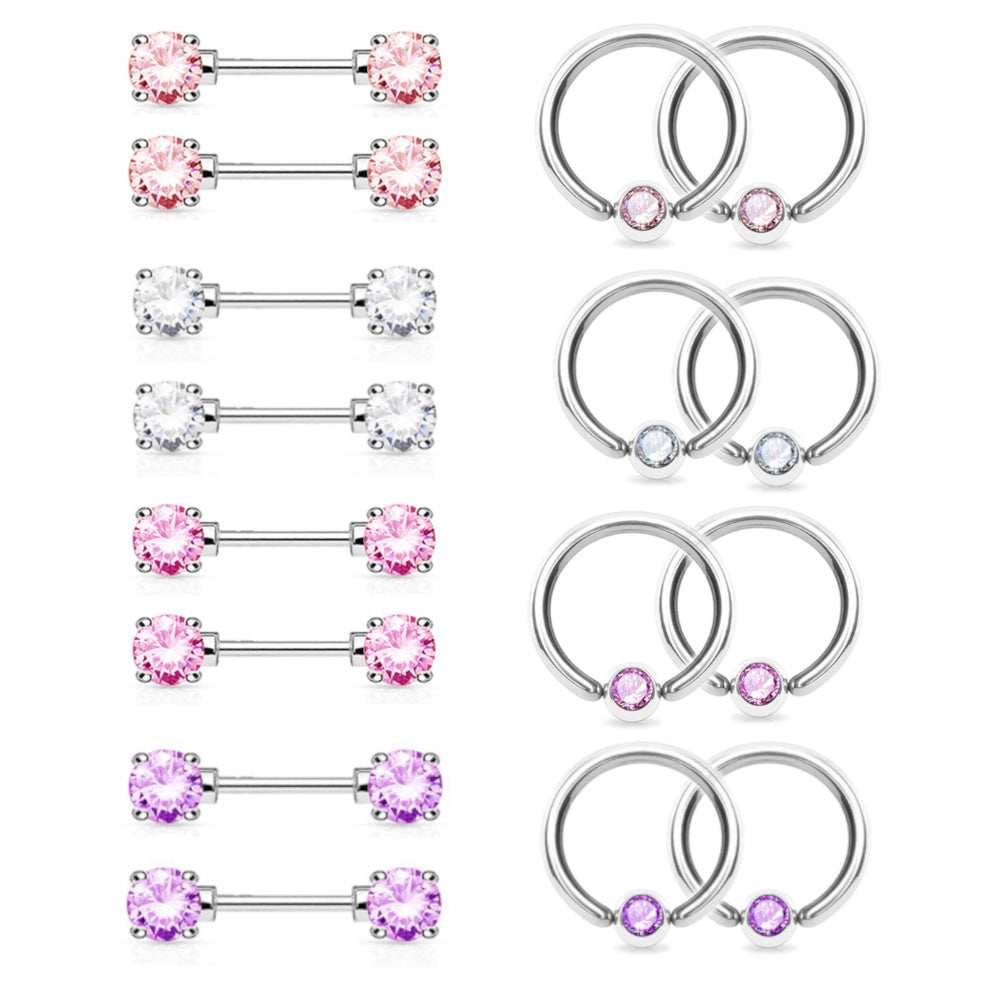 Surgical Steel 14 Gauge CZ Nipple Barbell & Captive Ring - 2 Pack