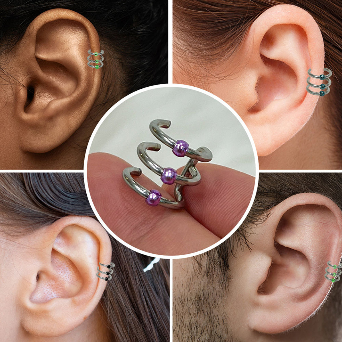 Fake Clip On Non Triple Band Captive Bead Ear Cartilage Cuff - Kruelty - Photo 2