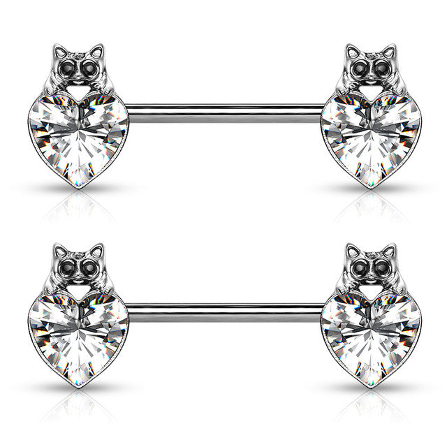 Surgical Steel 14 Gauge Nipple Barbell with Cat Eye CZ Heart - Pair - photo 3