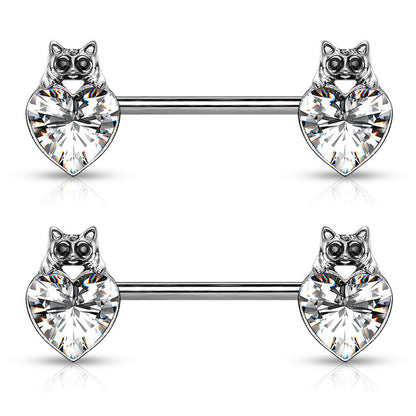 Surgical Steel 14 Gauge Nipple Barbell with Cat Eye CZ Heart - Pair - photo 3