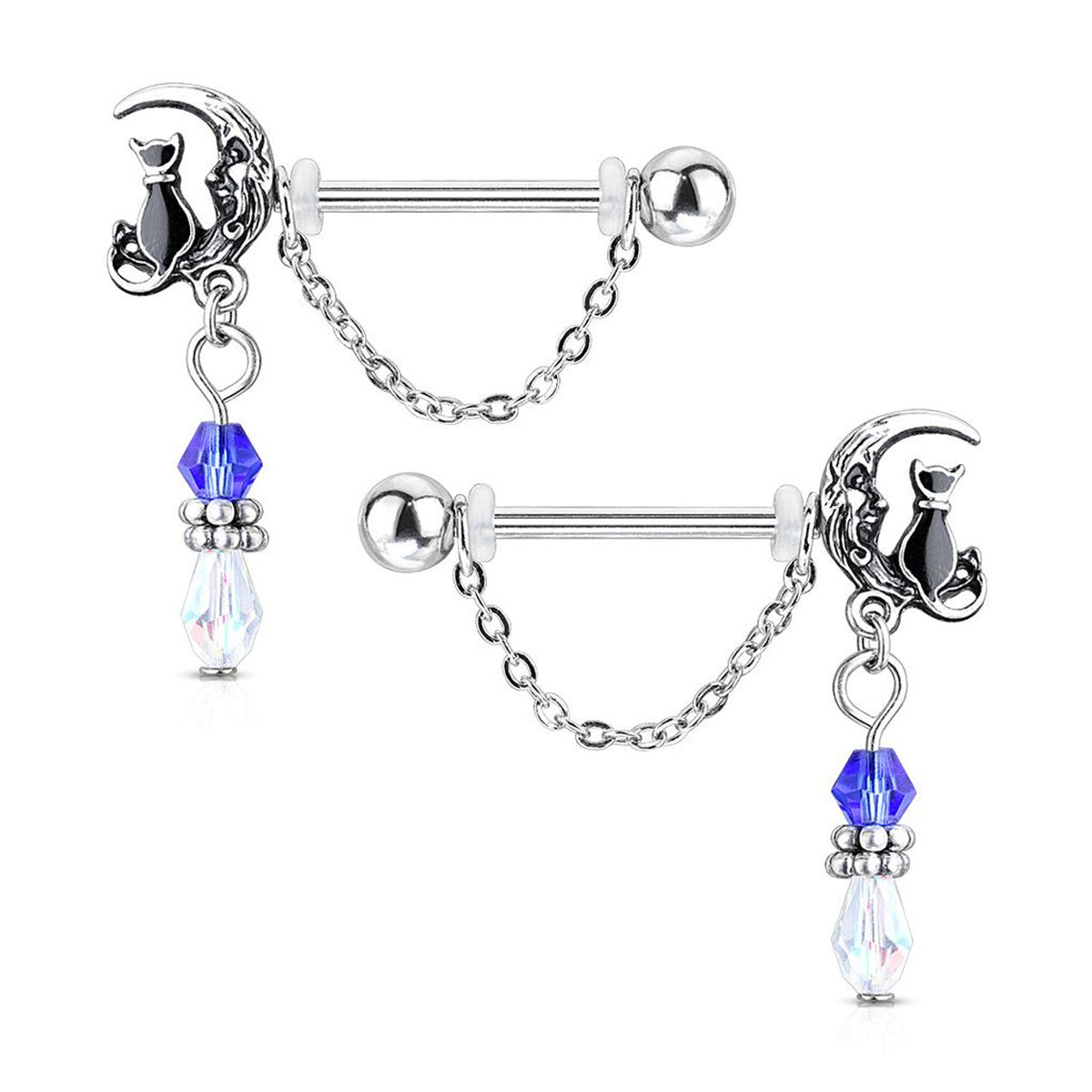 Surgical Steel 14 Gauge Nipple Barbell with Cat Moon Dangle - Pair