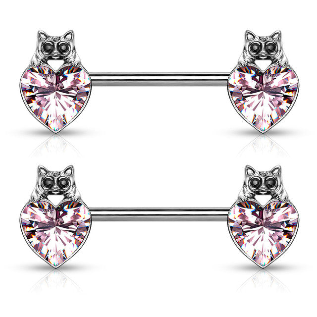 Surgical Steel 14 Gauge Nipple Barbell with Cat Eye CZ Heart - Pair - photo 4