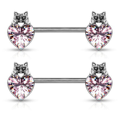 Surgical Steel 14 Gauge Nipple Barbell with Cat Eye CZ Heart - Pair - photo 4