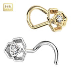14K Solid Gold 20 Gauge CZ Flower Corkscrew Nose Stud