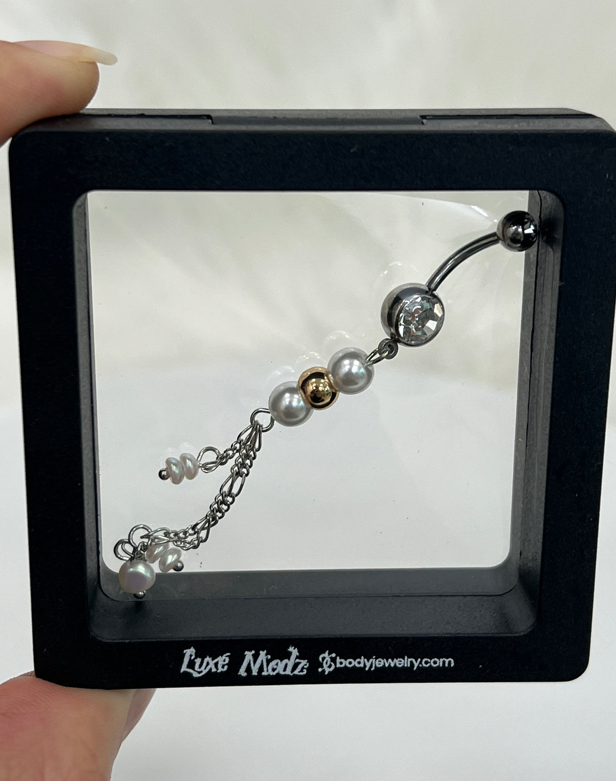 Surgical Steel Belly Ring 14G 10mm with Pearl & CZ Chain Dangle - photo 5