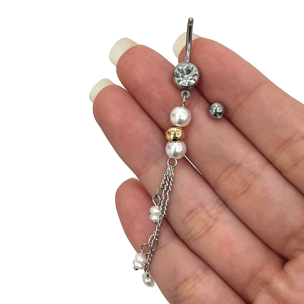 Surgical Steel Belly Ring 14G 10mm with Pearl & CZ Chain Dangle - photo 4