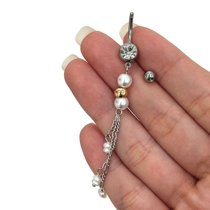 Surgical Steel Belly Ring 14G 10mm with Pearl & CZ Chain Dangle - photo 4