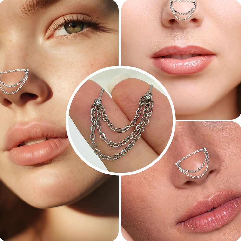 Surgical Steel Nose Bone Stud 20 Gauge 6mm with Chains & CZ - photo 4