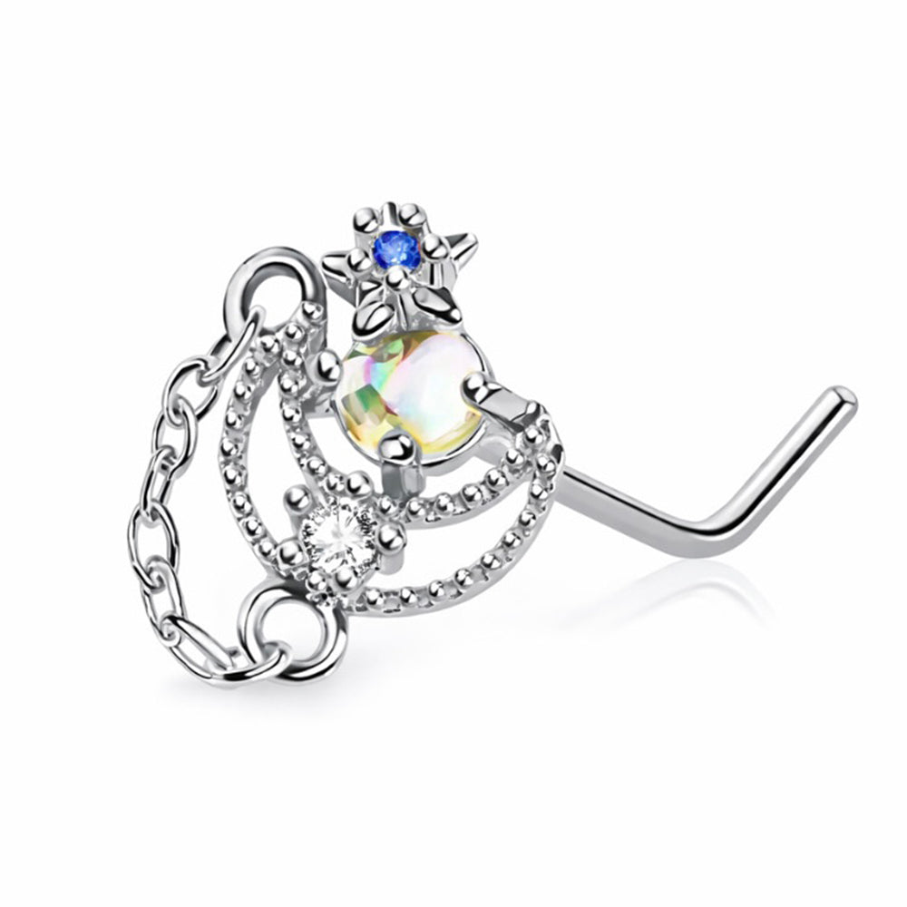 Surgical Steel 20 Gauge  Nose Ring L Shape with Chain Star Studs Moon