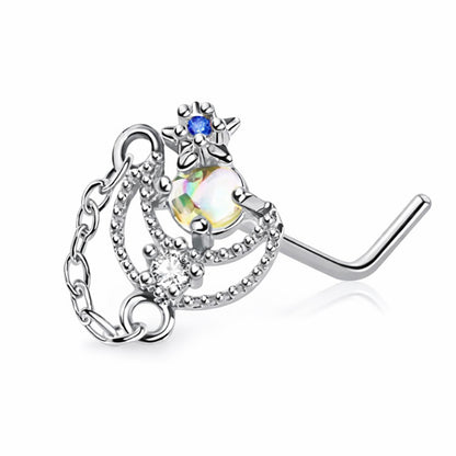 Surgical Steel 20 Gauge  Nose Ring L Shape with Chain Star Studs Moon