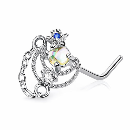 Surgical Steel 20 Gauge  Nose Ring L Shape with Chain Star Studs Moon