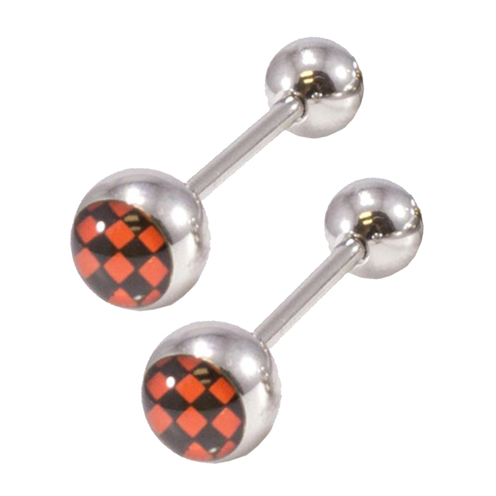 Surgical Steel 14 Gauge Tongue Barbell Black Red Checker Board - Pair