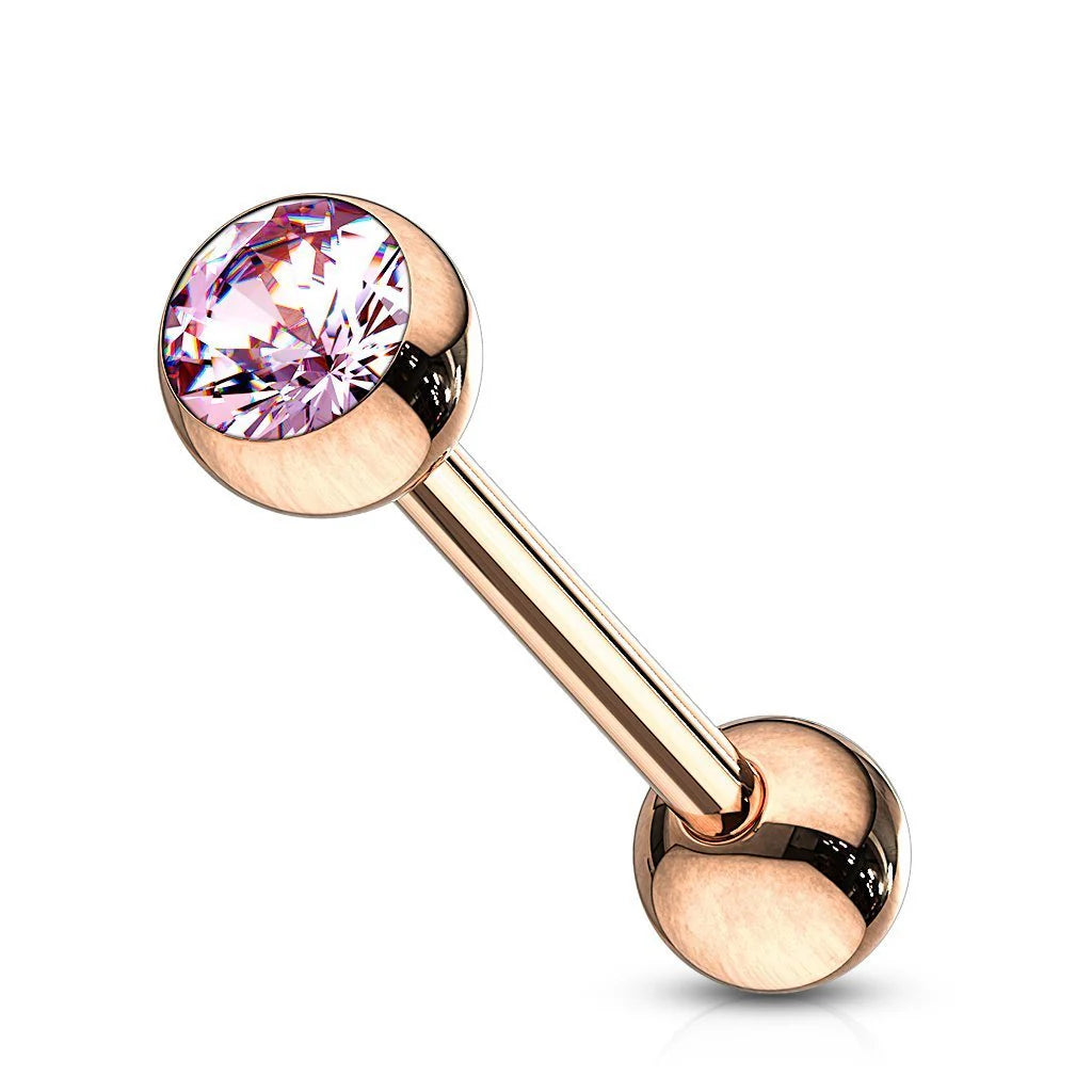 Surgical Steel Tongue Ring Straight Barbell 14 Gauge Rose Gold CZ Gem - Kruelty - Photo 5
