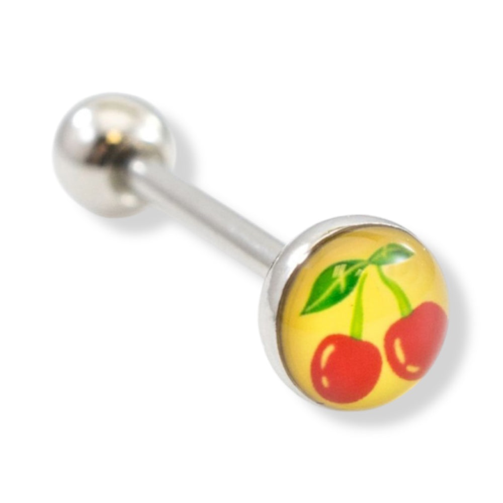 Surgical Steel 14 Gauge Tongue Barbell Ring with Cherry Logo