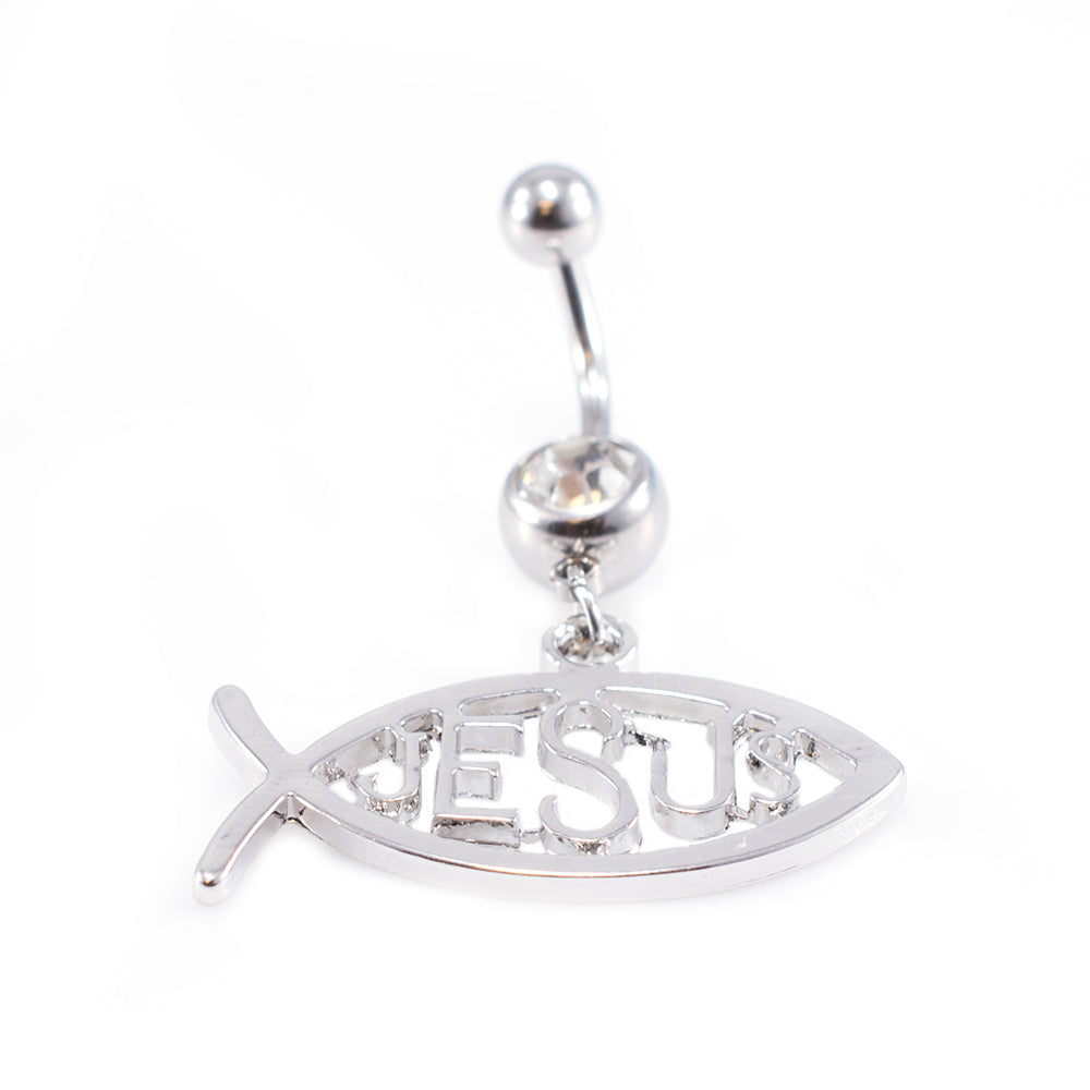Surgical Steel 14 Gauge Belly Ring CZ Christian Jesus Fish Symbol - photo 2