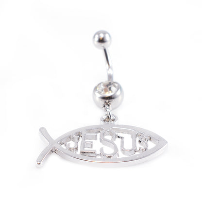 Surgical Steel 14 Gauge Belly Ring CZ Christian Jesus Fish Symbol - photo 2