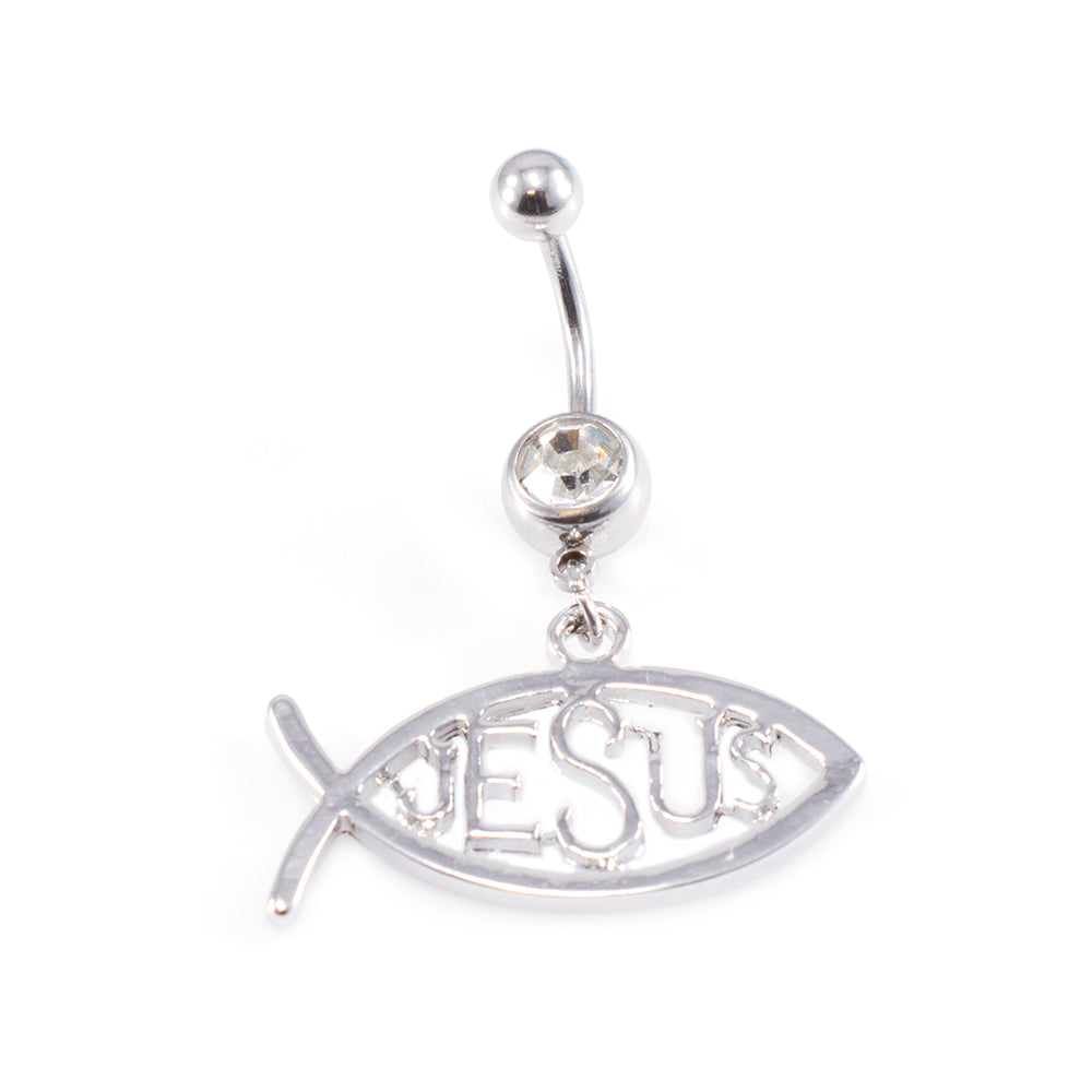 Surgical Steel 14 Gauge Belly Ring CZ Christian Jesus Fish Symbol