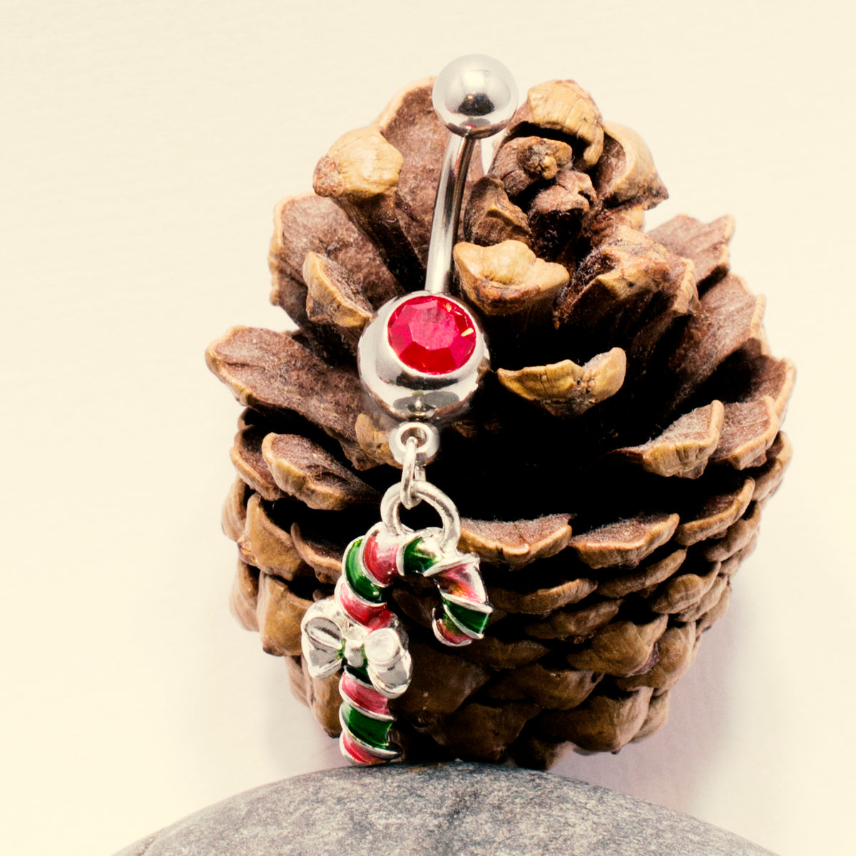 Surgical Steel 14 Gauge Christmas Candy Cane Jeweled Belly Ring - photo 3
