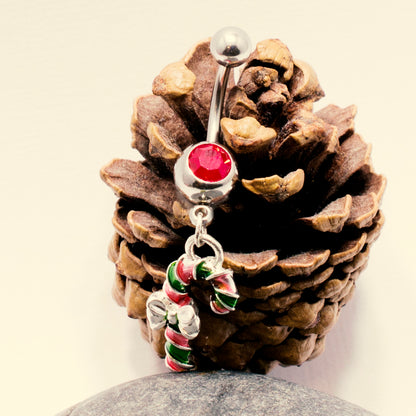 Surgical Steel 14 Gauge Christmas Candy Cane Jeweled Belly Ring - photo 3