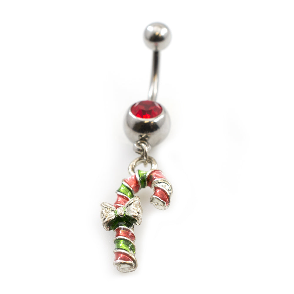 Surgical Steel 14 Gauge Christmas Candy Cane Jeweled Belly Ring - photo 2