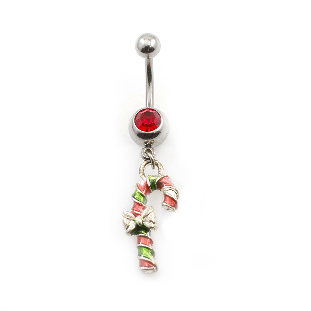 Surgical Steel 14 Gauge Christmas Candy Cane Jeweled Belly Ring