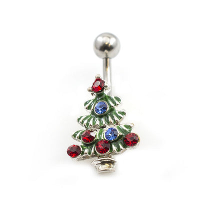 Surgical Steel 14 Gauge Christmas Tree Belly Ring with CZ Gems