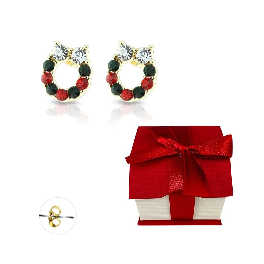 Surgical Steel 20 Gauge Gold CZ Stud Earrings Christmas Wreath - Pair