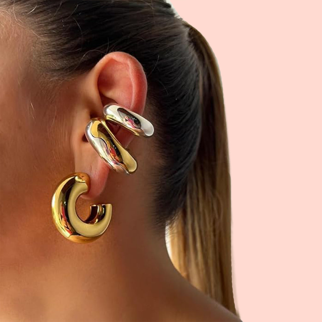 Surgical Steel Chunky Hollow Ear Cuff Gold & Silver 9.8mm - Pair