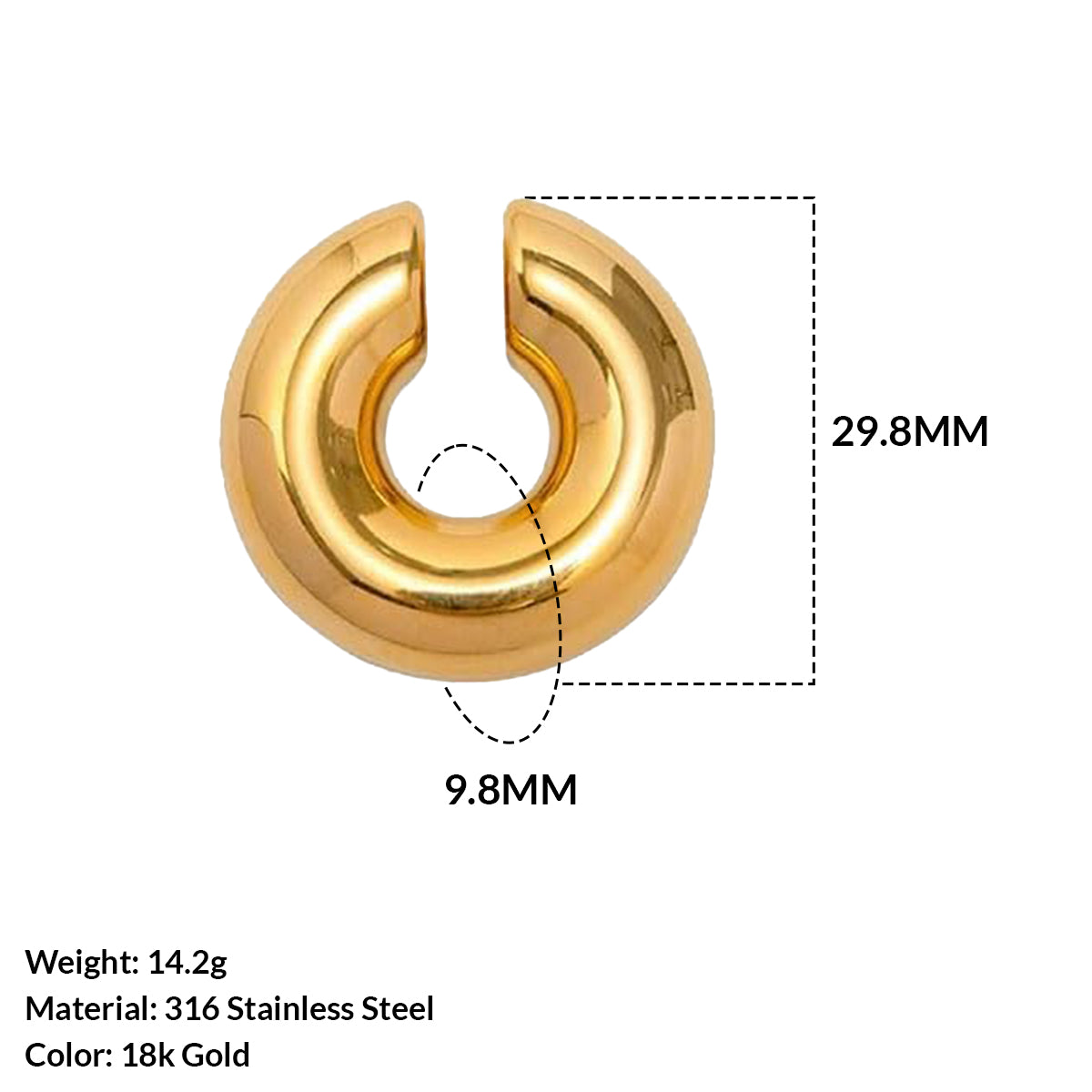 Surgical Steel Chunky Hollow Ear Cuff Gold & Silver 9.8mm - Pair