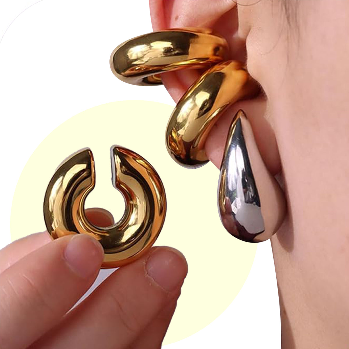 Surgical Steel Chunky Hollow Ear Cuff Gold & Silver 9.8mm - Pair