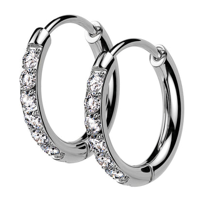 Surgical Steel Hinged Hoop Earrings 20 Gauge With CZ Paved Gems - Pair