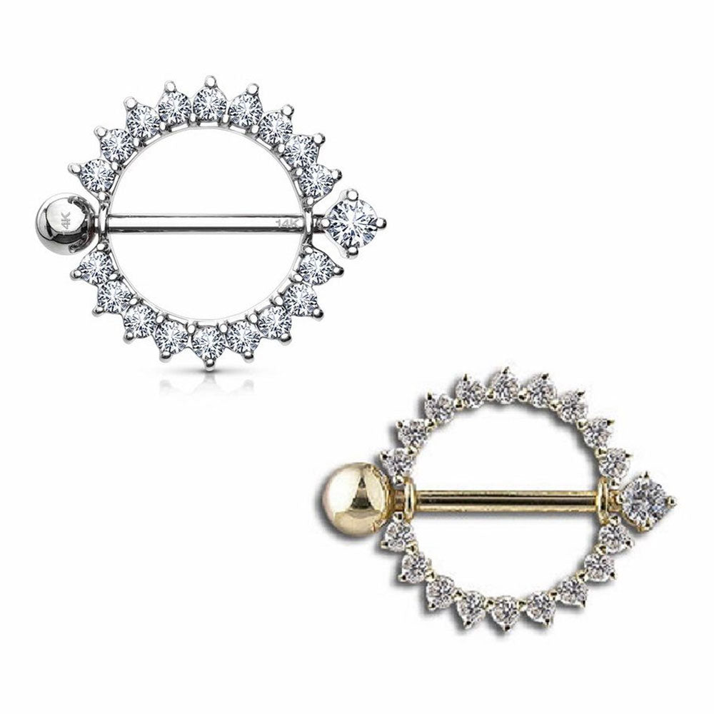 14K Solid Gold 14 Gauge Nipple Shield with Circle CZ Gems - Pair