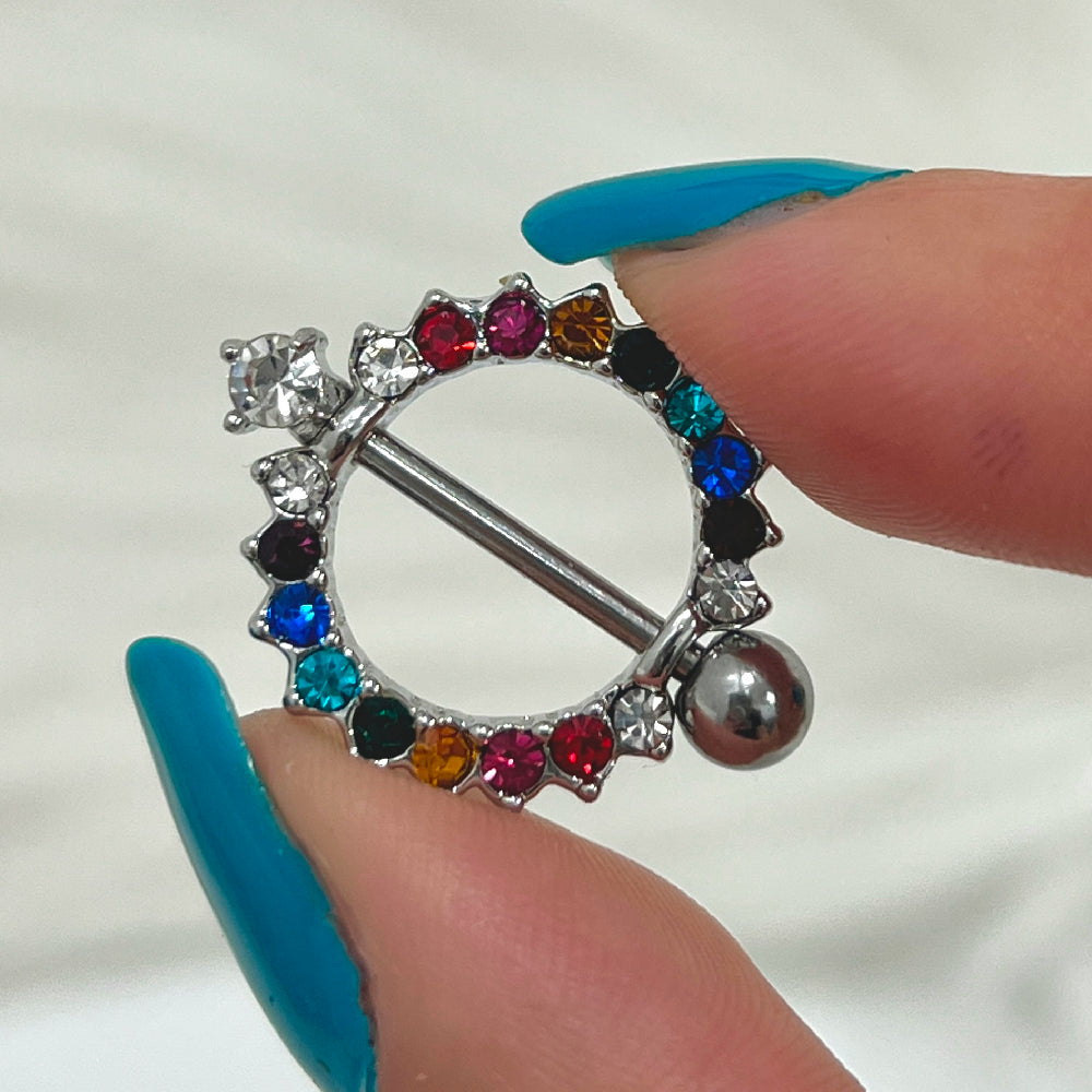 Surgical Steel Nipple Shield with Rainbow CZ Circle of Life - Pair - photo 3