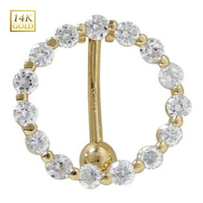 14K Solid Gold 14 Gauge Reverse Belly Ring with Clear CZ Circle