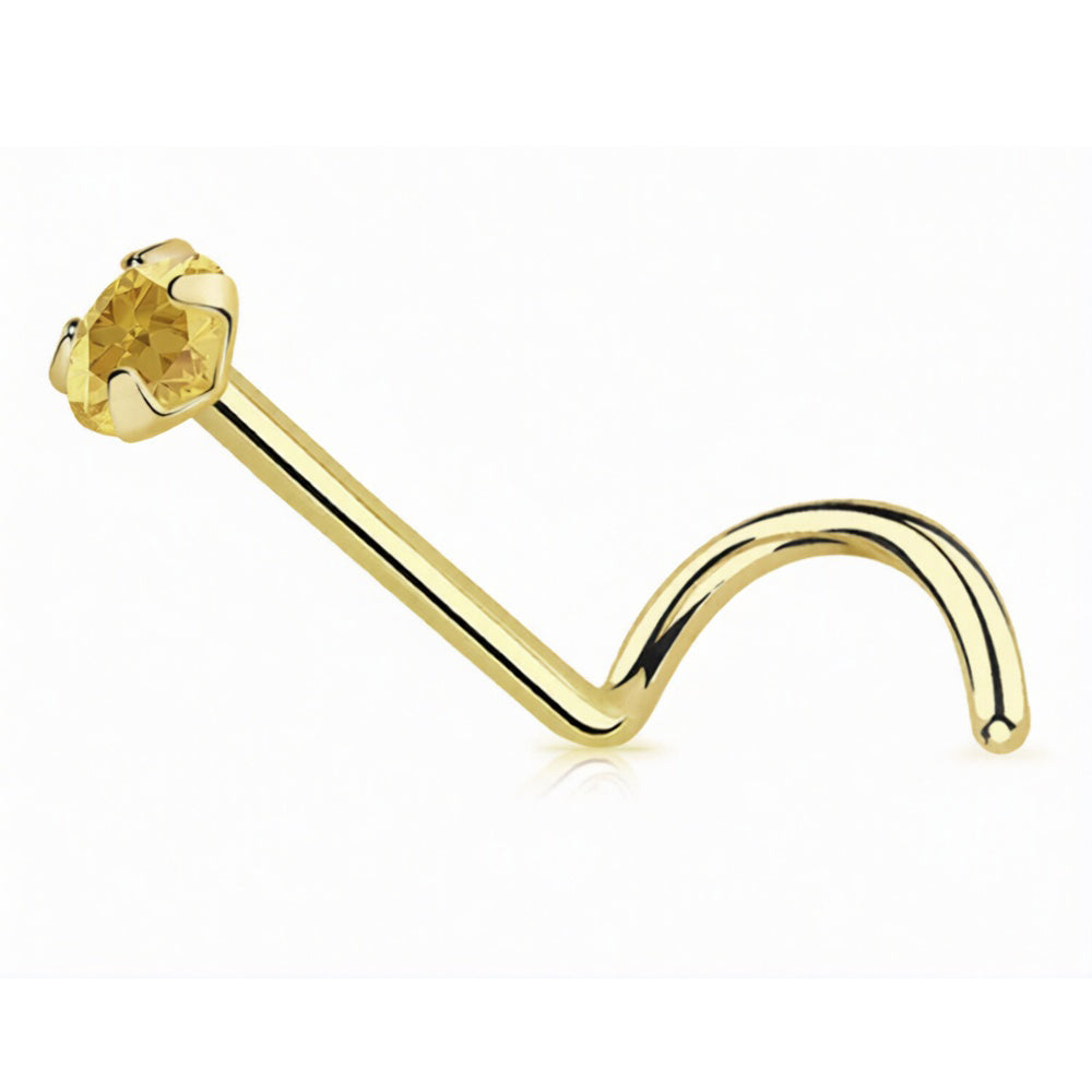14 Karat Solid Gold 22 Gauge Nose Ring Screw with CZ Gem