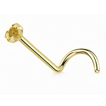 14 Karat Solid Gold 22 Gauge Nose Ring Screw with CZ Gem