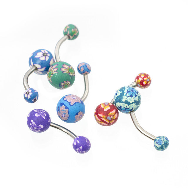 Surgical Steel 14 Gauge Belly Rings with Clay Flower Ball - 6 Pack