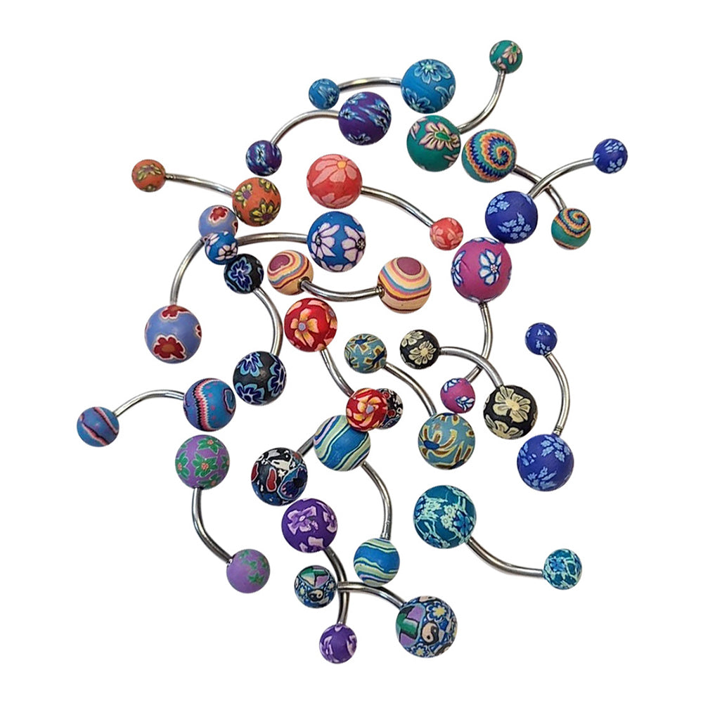 Surgical Steel & Silicone 14G Clay Flower Belly Button Rings - 10 Pack
