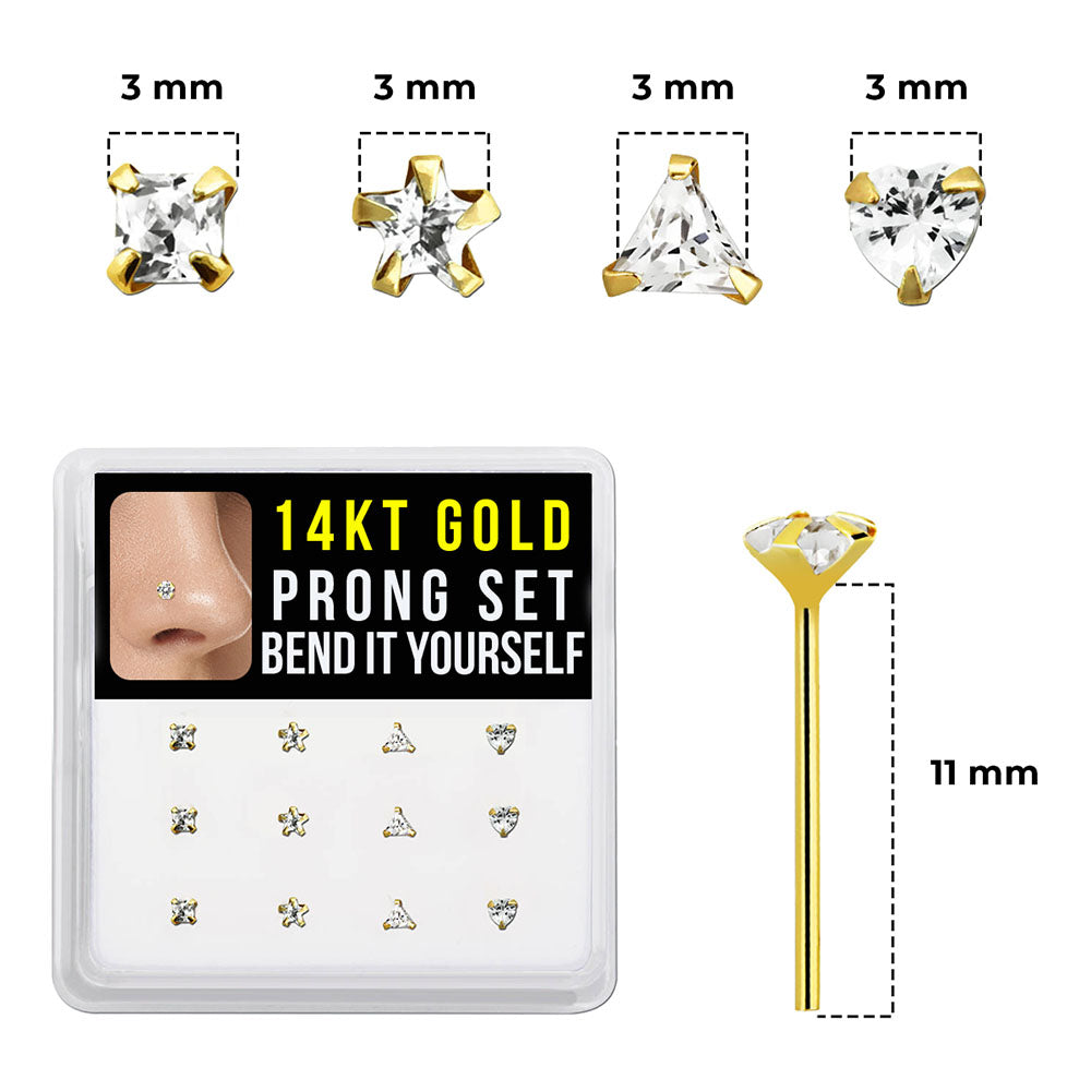 14K Solid Gold Bendable Fishtail Nose Stud 22G with CZ - 4 Shapes - photo 3
