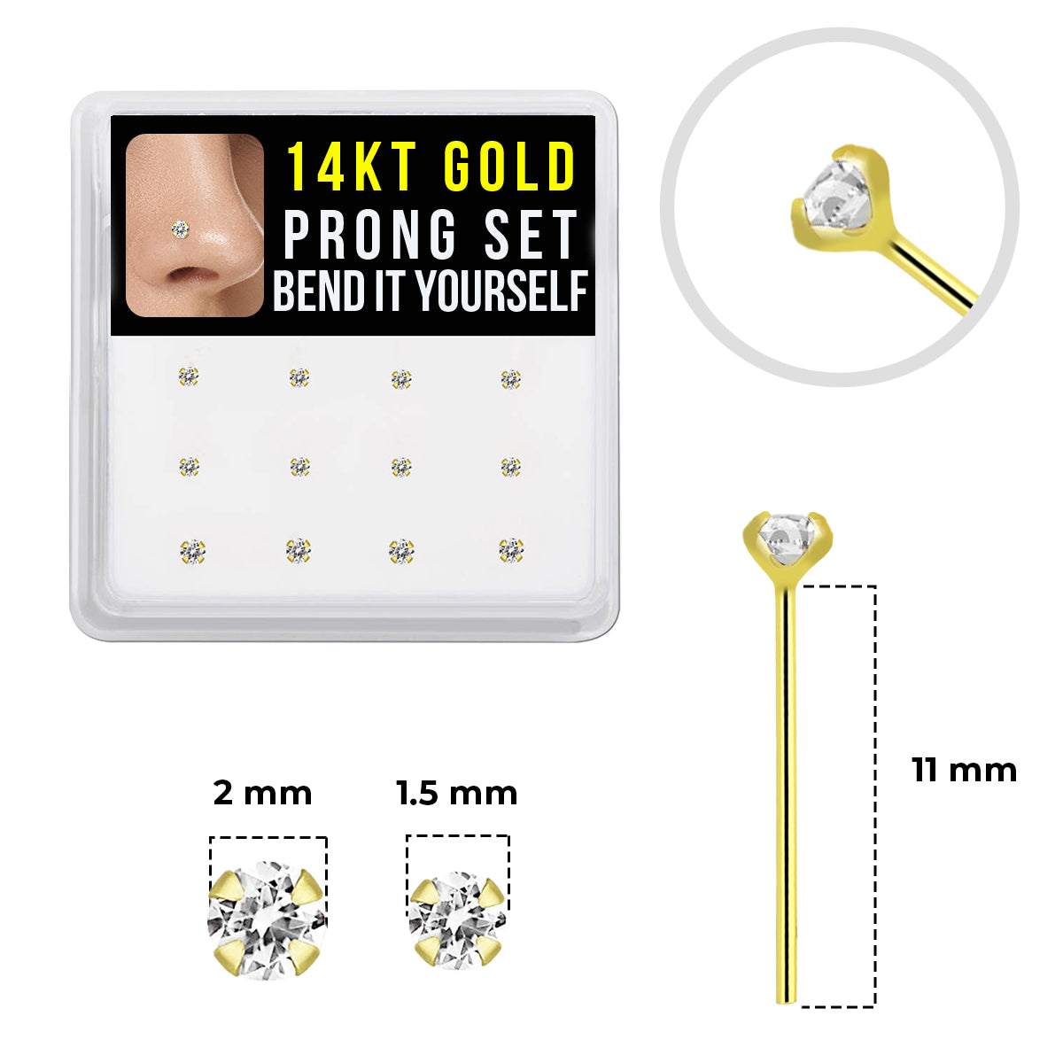 14K Solid Gold 22 Gauge Clear CZ Top Fishtail Nose Stud