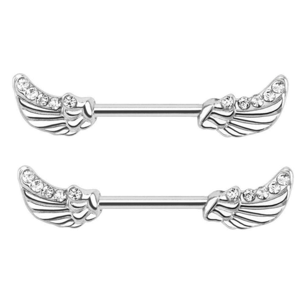 Surgical Steel 14 Gauge Nipple Barbell with CZ Angel Wings - Pair - photo 3