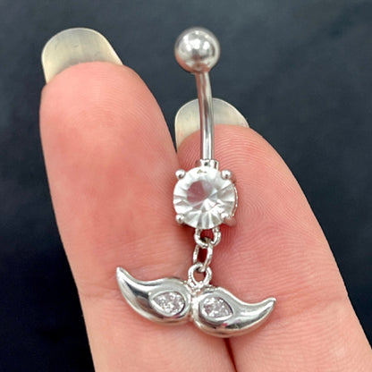Surgical Steel 14 Gauge Belly Ring with Dangling Mustache CZ - photo 3
