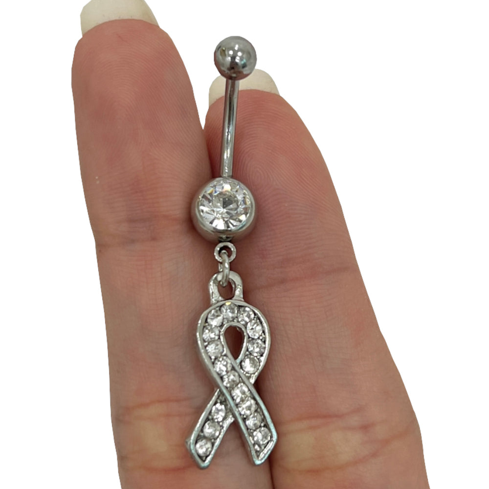 Surgical Steel 14 Gauge Belly Ring Cancer Awareness CZ Ribbon - Pair - photo 4