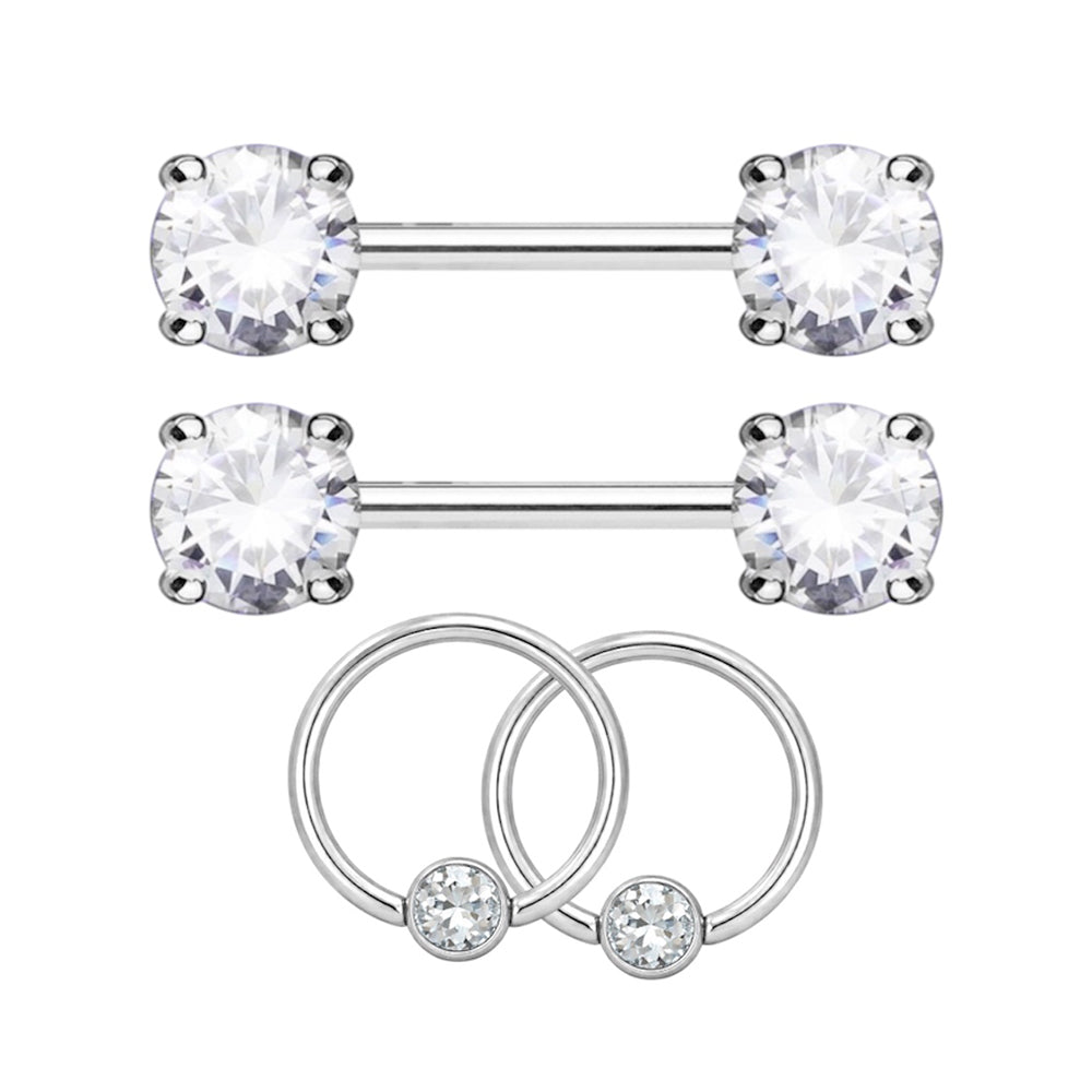 Surgical Steel 14 Gauge Nipple Barbell & Clear CZ Captive Bead - Pair