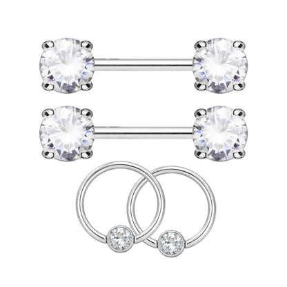Surgical Steel 14 Gauge Nipple Barbell & Clear CZ Captive Bead - Pair