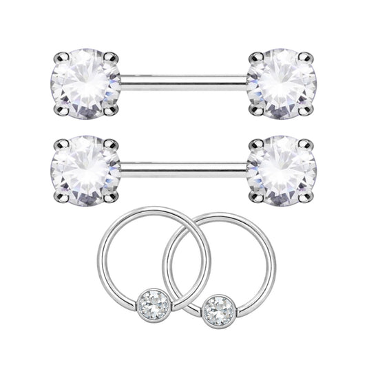 Surgical Steel 14 Gauge Nipple Barbell & Clear CZ Captive Bead - Pair