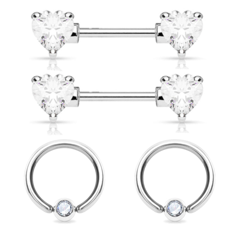 Surgical Steel Clear CZ Nipple Barbell & Captive Ring - 2 Pack